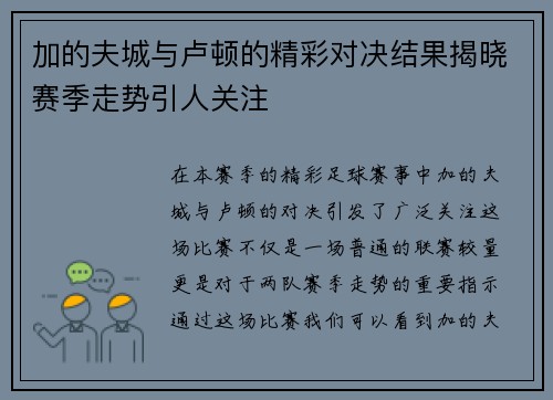 加的夫城与卢顿的精彩对决结果揭晓赛季走势引人关注