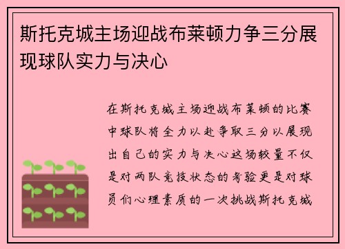 斯托克城主场迎战布莱顿力争三分展现球队实力与决心