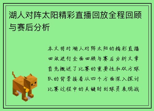 湖人对阵太阳精彩直播回放全程回顾与赛后分析