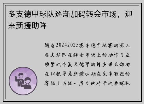 多支德甲球队逐渐加码转会市场，迎来新援助阵
