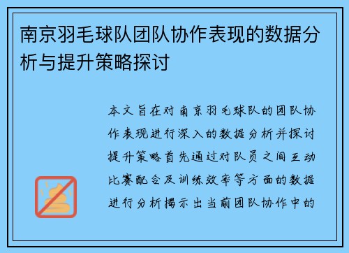 南京羽毛球队团队协作表现的数据分析与提升策略探讨