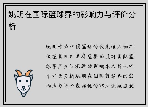 姚明在国际篮球界的影响力与评价分析