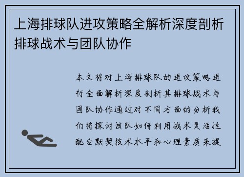 上海排球队进攻策略全解析深度剖析排球战术与团队协作