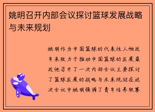 姚明召开内部会议探讨篮球发展战略与未来规划