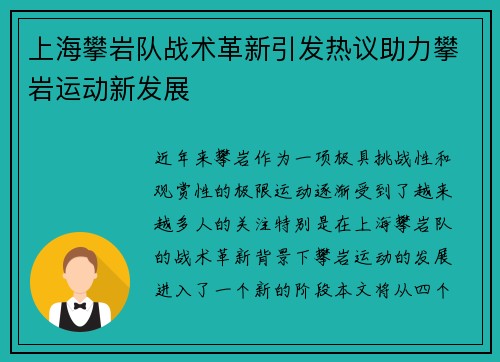 上海攀岩队战术革新引发热议助力攀岩运动新发展