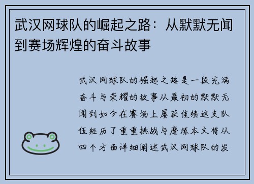 武汉网球队的崛起之路：从默默无闻到赛场辉煌的奋斗故事