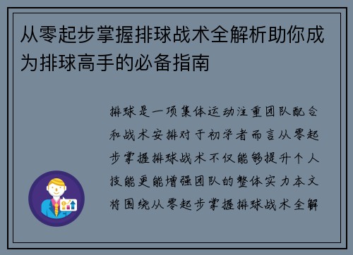从零起步掌握排球战术全解析助你成为排球高手的必备指南