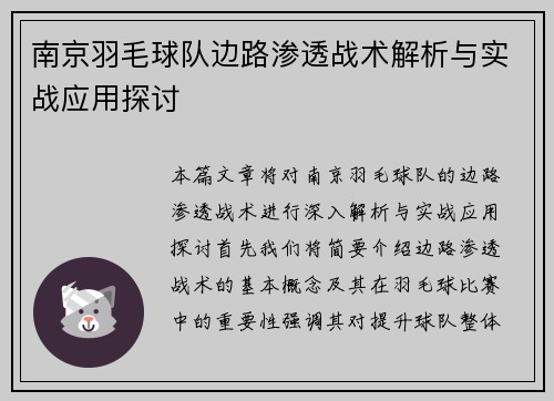 南京羽毛球队边路渗透战术解析与实战应用探讨